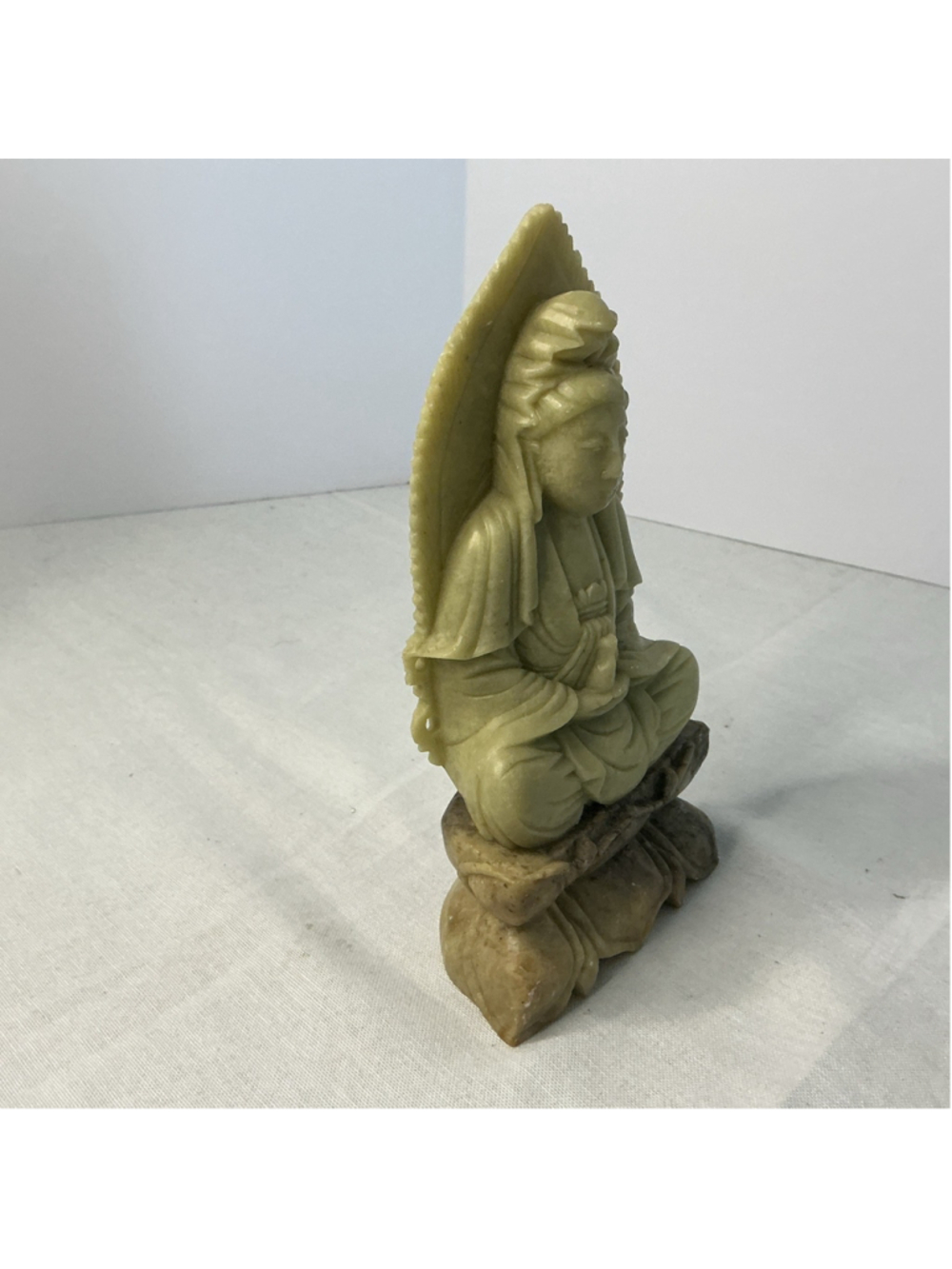 Vintage Hand-Carved Soapstone Buddha Figurine with Lotus Base, 7”tall - Picture 2 of 5